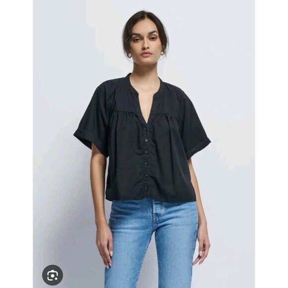 Nation LTD 2024 Filippa Blouse Black Pima Cotton Poplin Rolled Cuffs Size Small - Picture 1 of 8